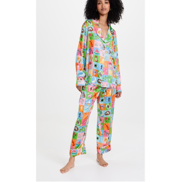 Karen Mabon Satin Pajama Set New Alphabet Letter Print Long Sleeve AND Pants - Picture 1 of 10
